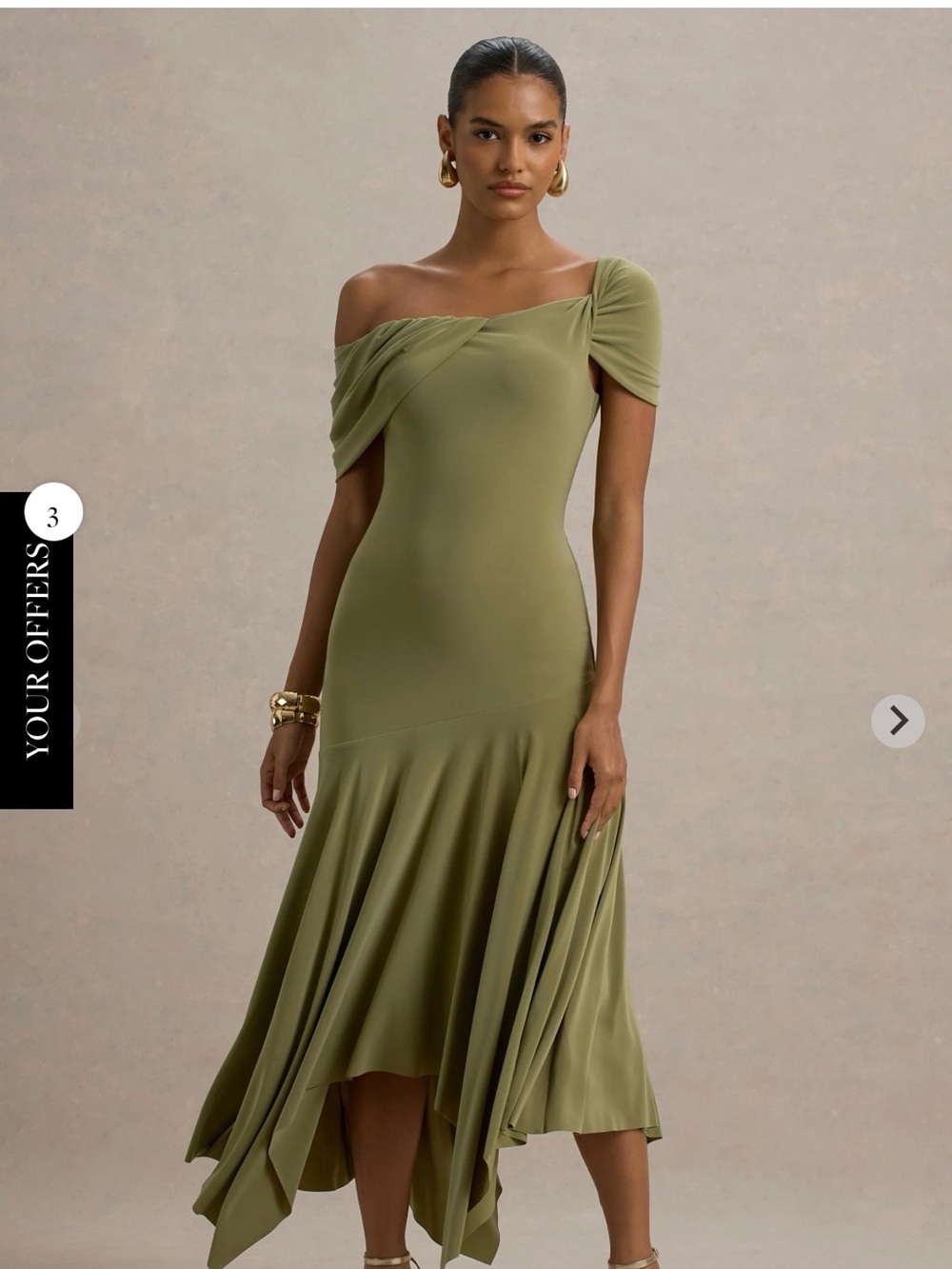 Club L London Castor Olive Asymmetric Midi Dress
